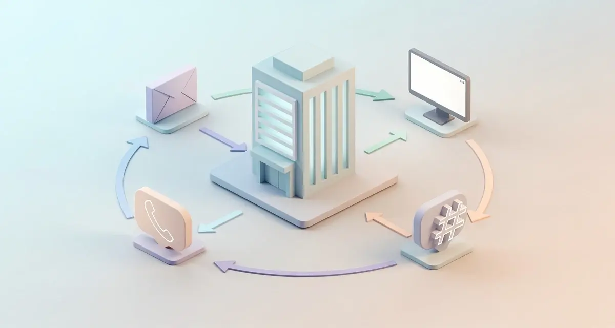 Isometric 3D illustration of account-based selling showing a central enterprise target account with interconnected stakeholder nodes and multi-channel engagement arrows