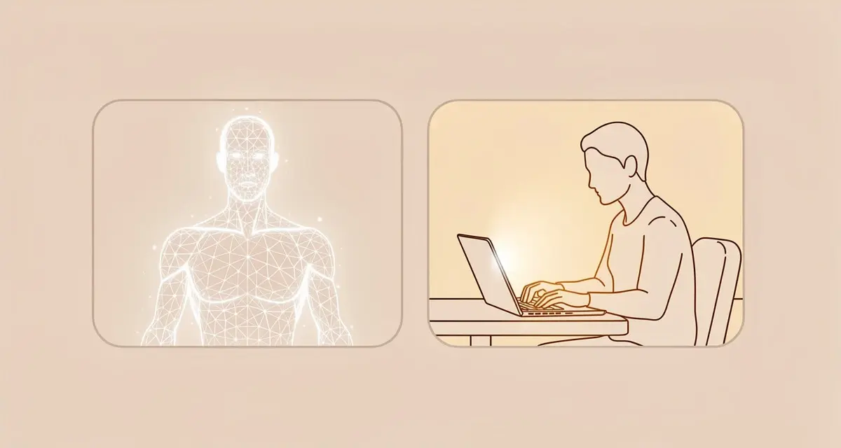 Split illustration comparing a synthetic AI avatar wireframe figure with a real person recording a video at a laptop