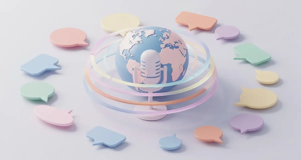 Isometric illustration of a microphone with colorful sound waves radiating across a globe, representing AI voice cloning across multiple languages