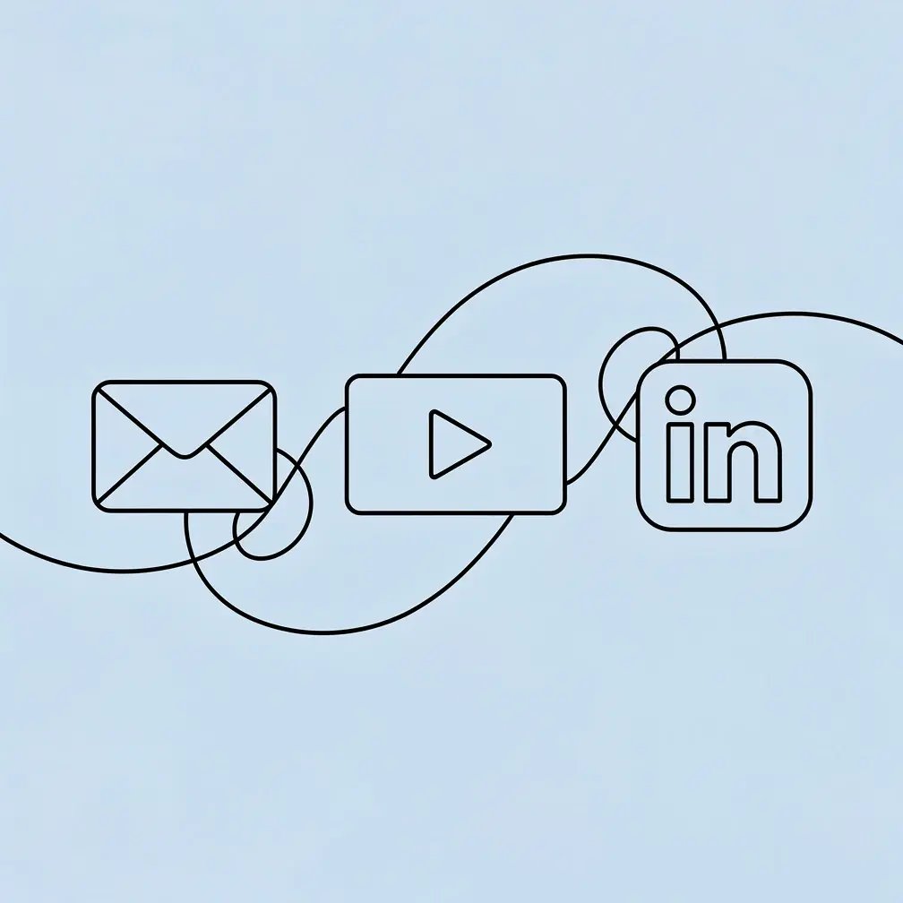 Multi-channel B2B sales outreach examples — email, LinkedIn, and AI-personalized video line art illustration