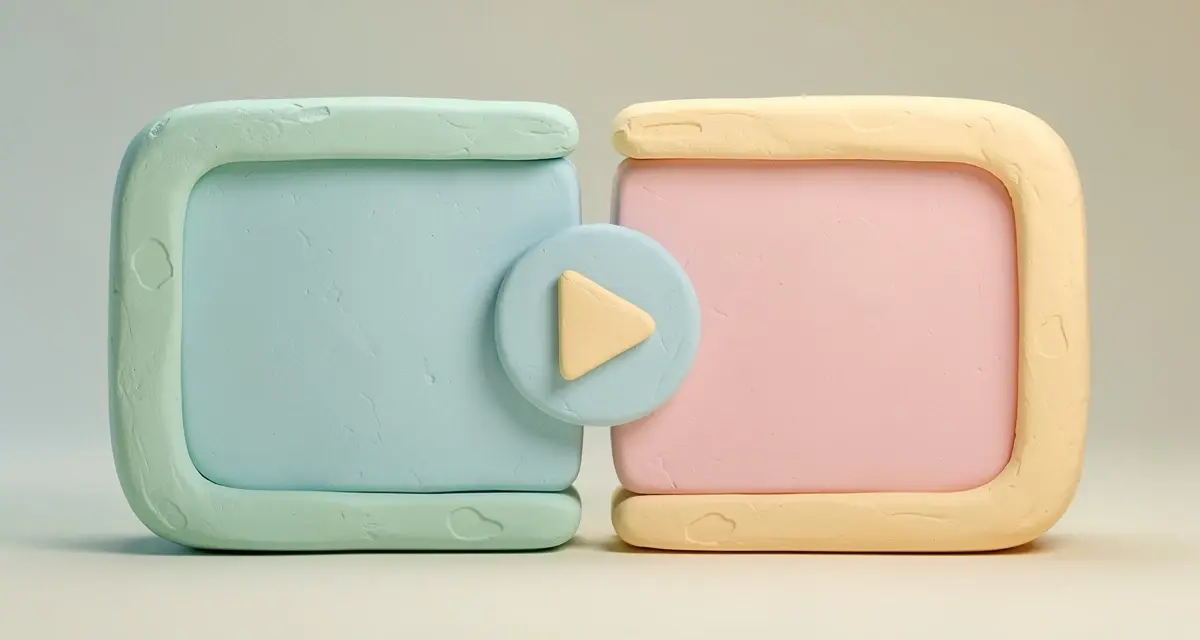 Two clay video frames merging into one with a play button, representing a combined personalized intro and reusable video