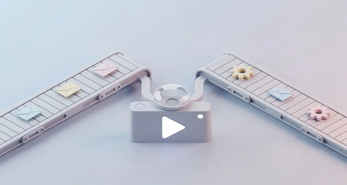 Isometric illustration of two automated paths, one with envelope icons and one with gear icons, merging into a single personalized video camera icon