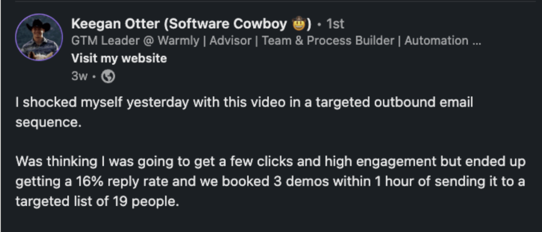 AI-personalized video campaign results showing increased response rates and meeting bookings for Warmly customer case study