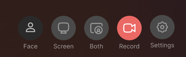 Chrome browser extension interface showing webcam selection settings with “Face” and “Settings” options visible