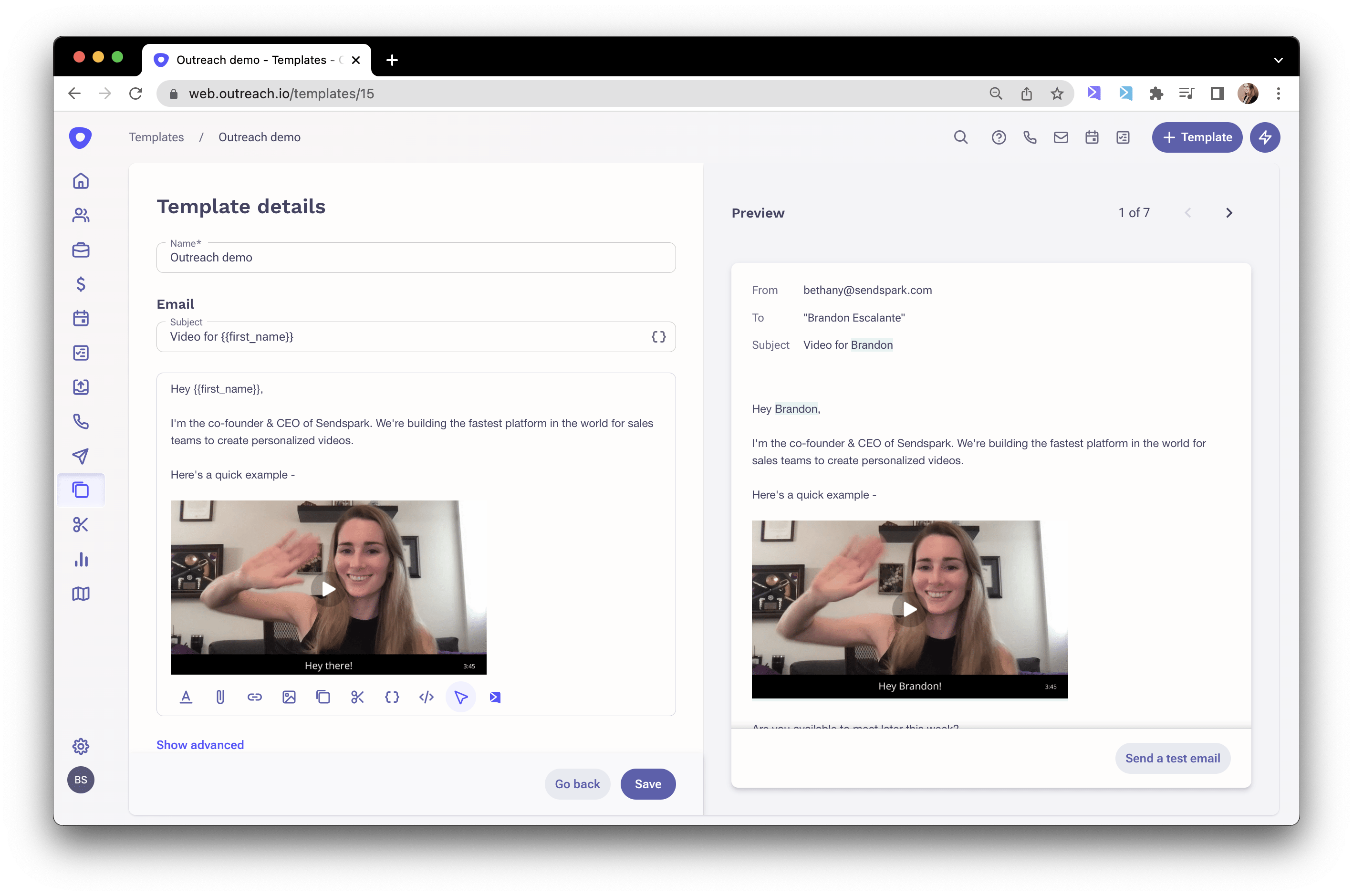 Email template interface showing personalized video outreach with contact information fields and customization options