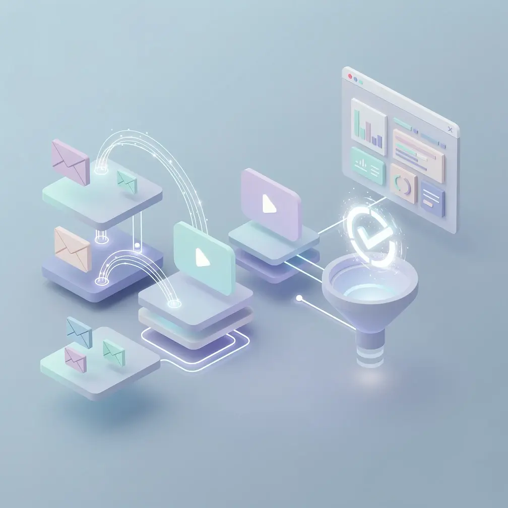 Isometric 3D illustration of a B2B lead nurturing campaign funnel with email, video, and CRM touchpoints flowing toward conversion