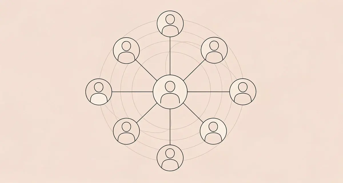Minimal line art of a network of connected nodes radiating from one central figure, representing multi-threading across a B2B buying committee