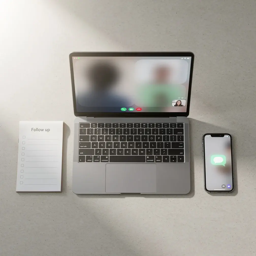 Flat lay of laptop, smartphone and notepad on a desk representing post-demo follow-up workflow for B2B sales