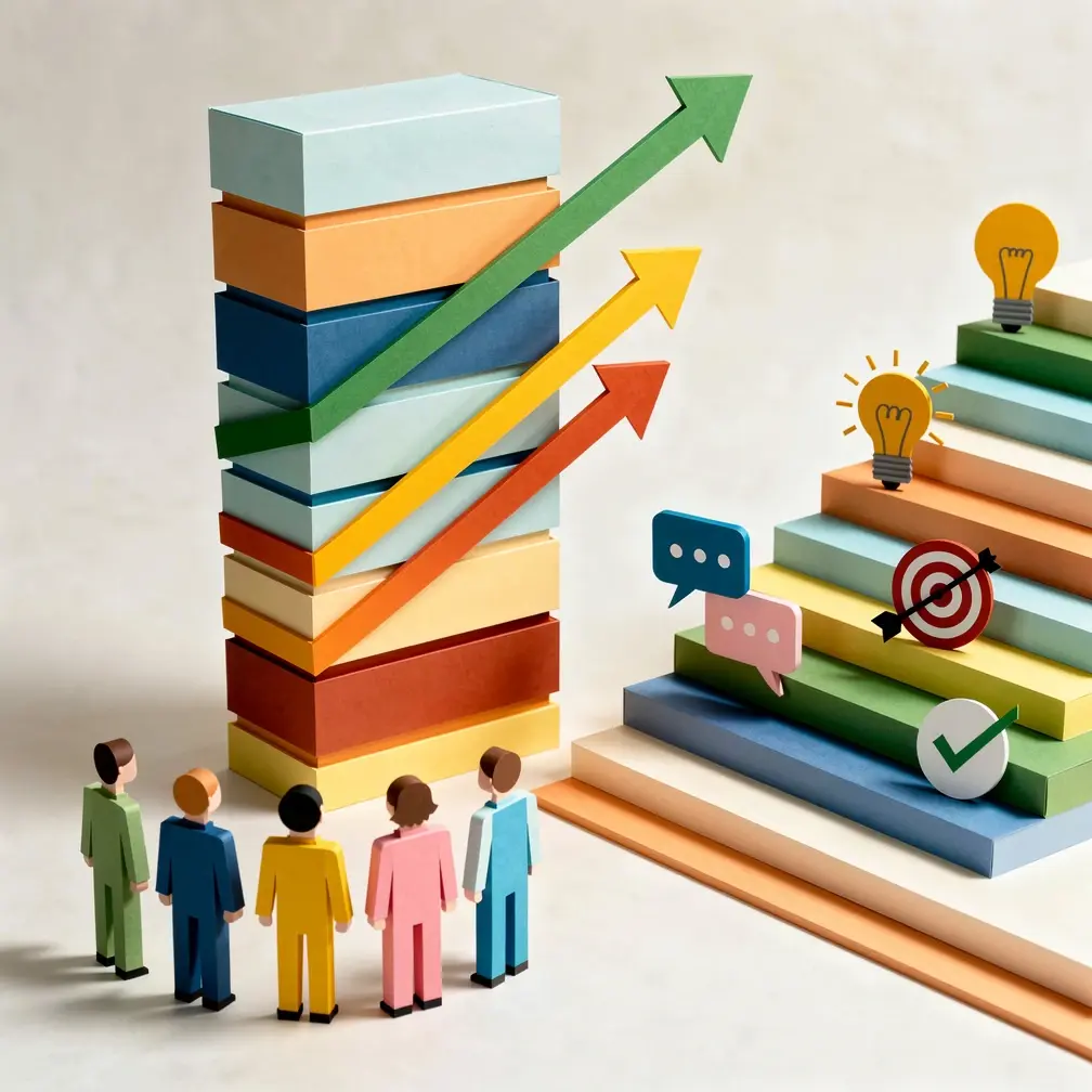 Sales leadership coaching framework illustration showing a paper craft scene with growth chart, team icons, and coaching milestones