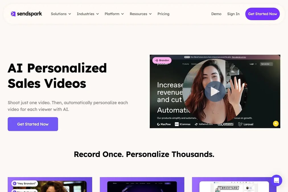 Sendspark AI personalization and voice cloning setup screen showing how a user records once and the AI generates personalized video variations for each lead nurturing prospect