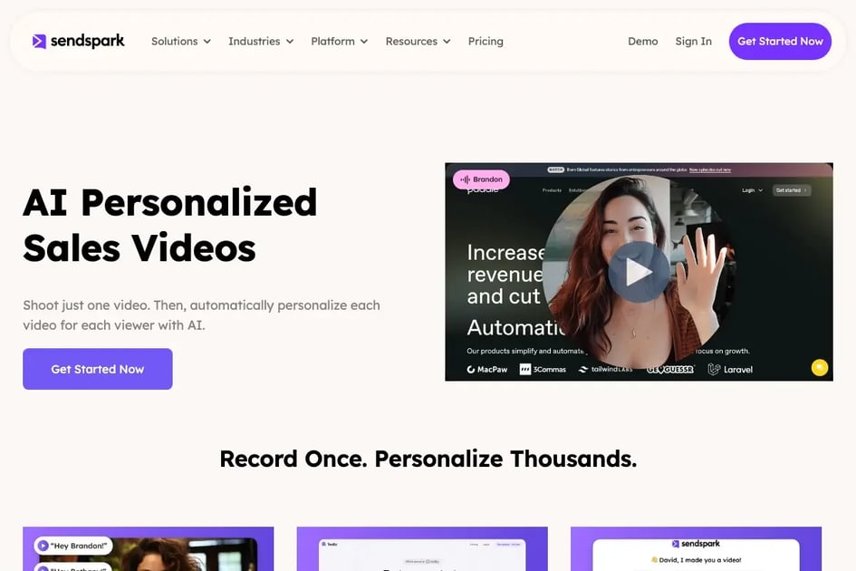 Sendspark AI voice cloning setup screen showing the voice recording and cloning interface for Level 3 personalization