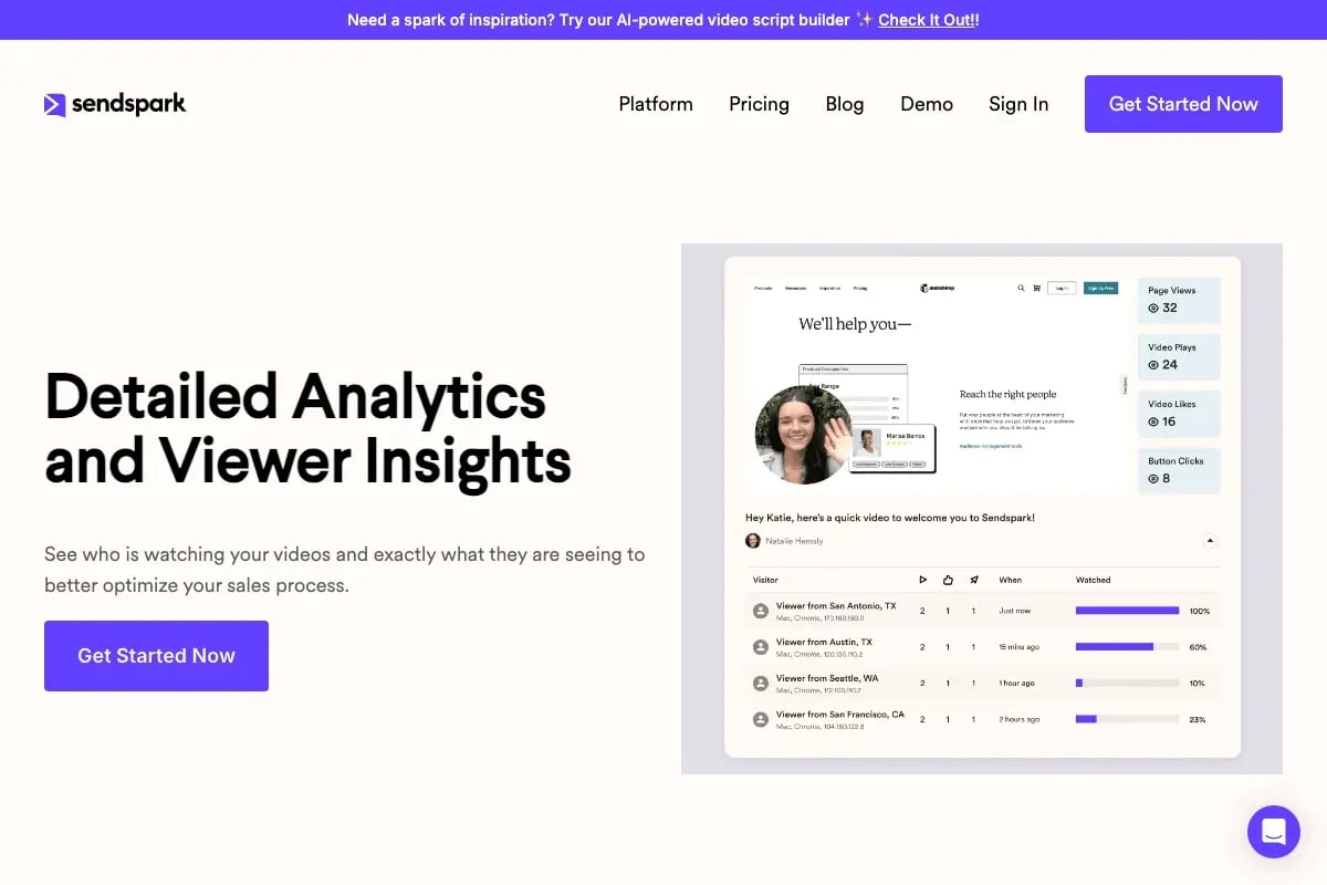 Sendspark video analytics dashboard showing per-recipient engagement data for RevOps reporting