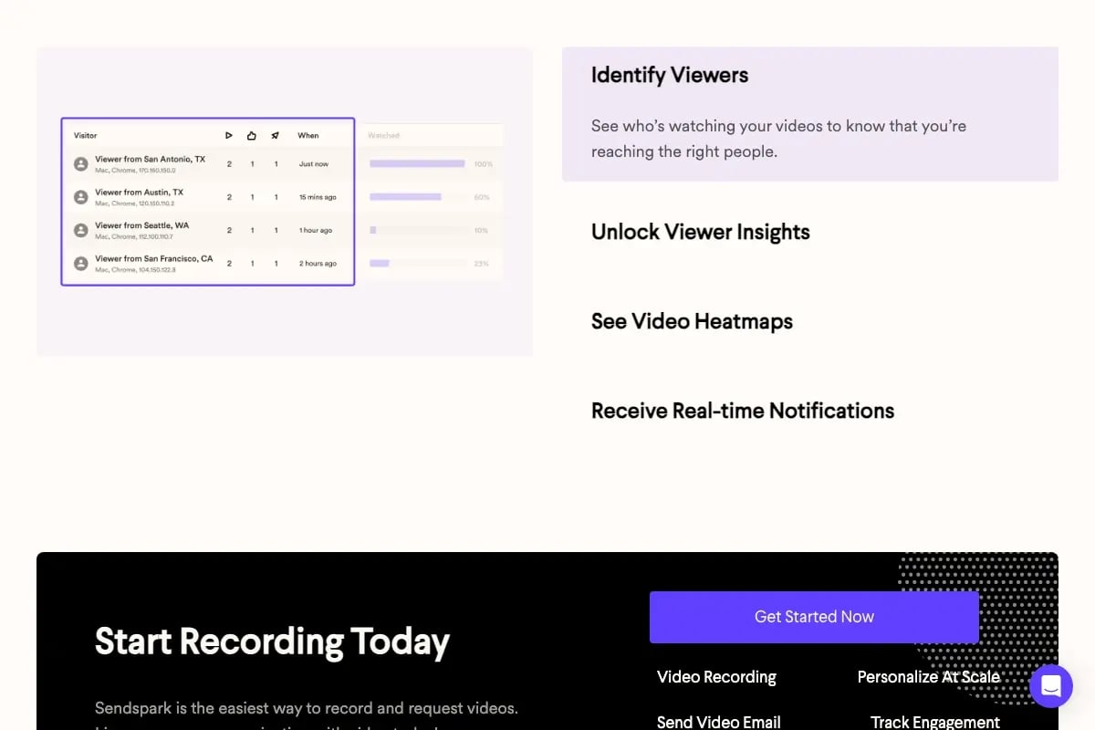 Sendspark video analytics dashboard showing per-prospect watch time, CTA clicks, and engagement data used to qualify leads