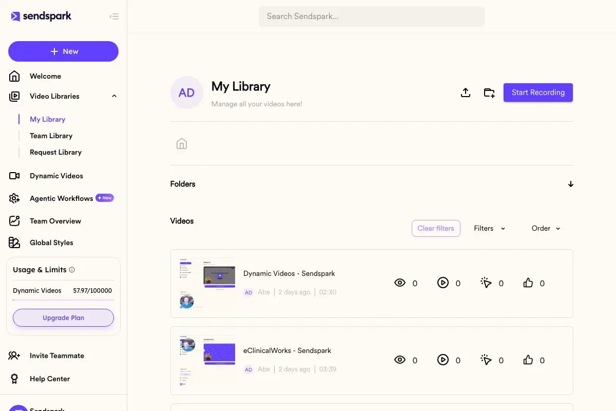 Sendspark video library where you record or upload a video email