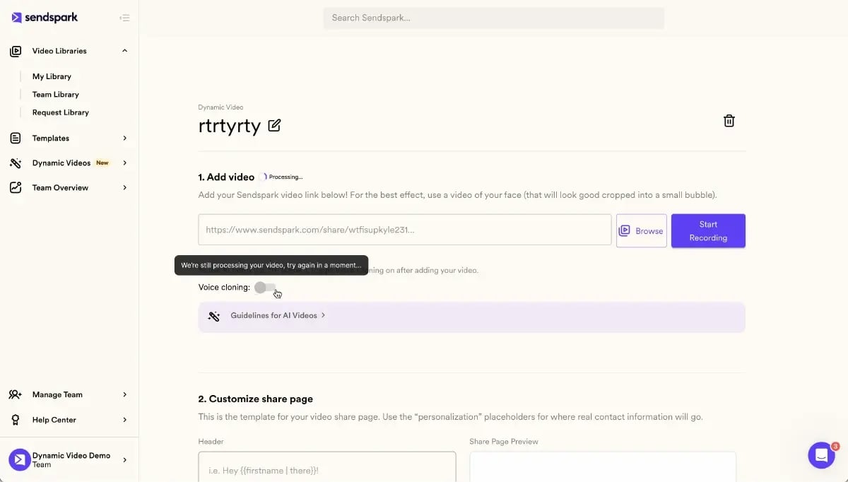 Sendspark AI voice cloning setup screen showing the dynamic name-insertion toggle for personalized videos