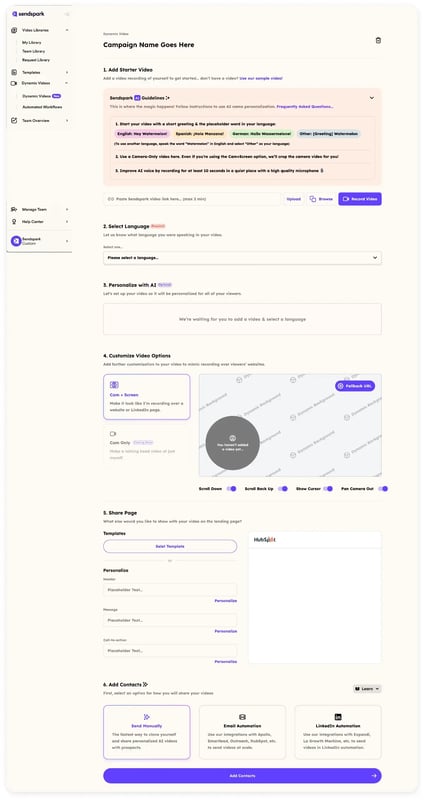 Sendspark dynamic video campaign dashboard showing personalization options for AI-personalized outreach