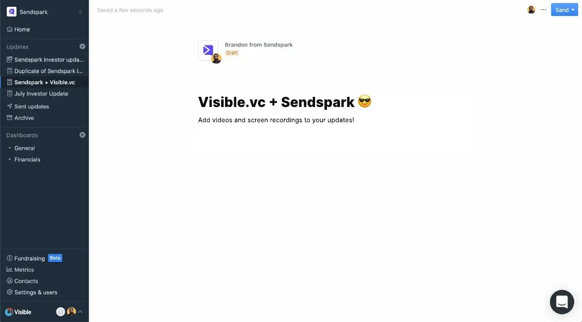 Sendspark integrations page showing connections with HubSpot, Salesforce, Apollo, Outreach, and SalesLoft