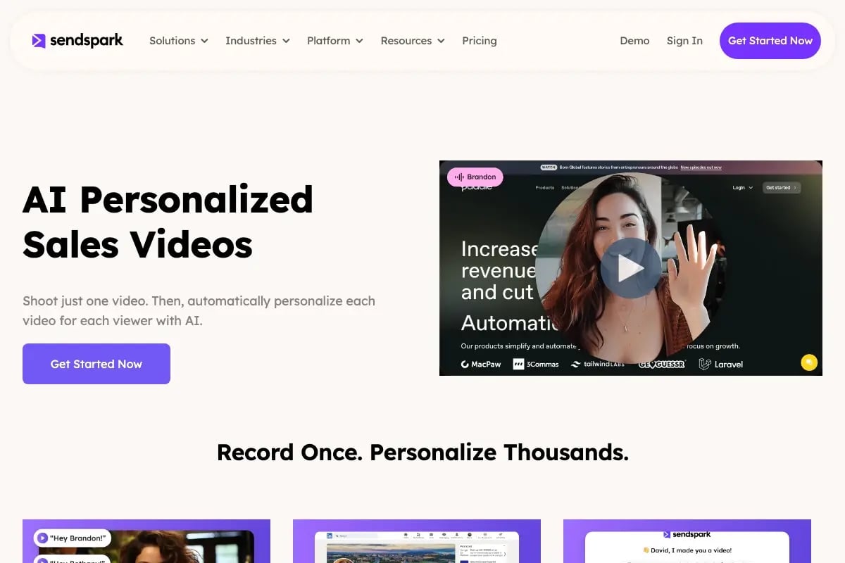 Sendspark dynamic backgrounds feature showing a prospect’s company website as the video background while the presenter appears in the foreground, used for LinkedIn follow-up personalization