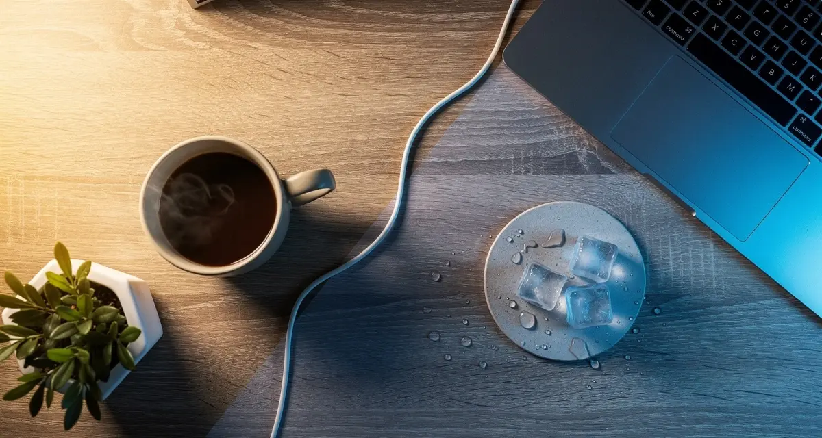 Split desk scene with warm golden light and a coffee mug on one side, cool blue light and ice on the other, symbolizing warm vs cold sales outbound
